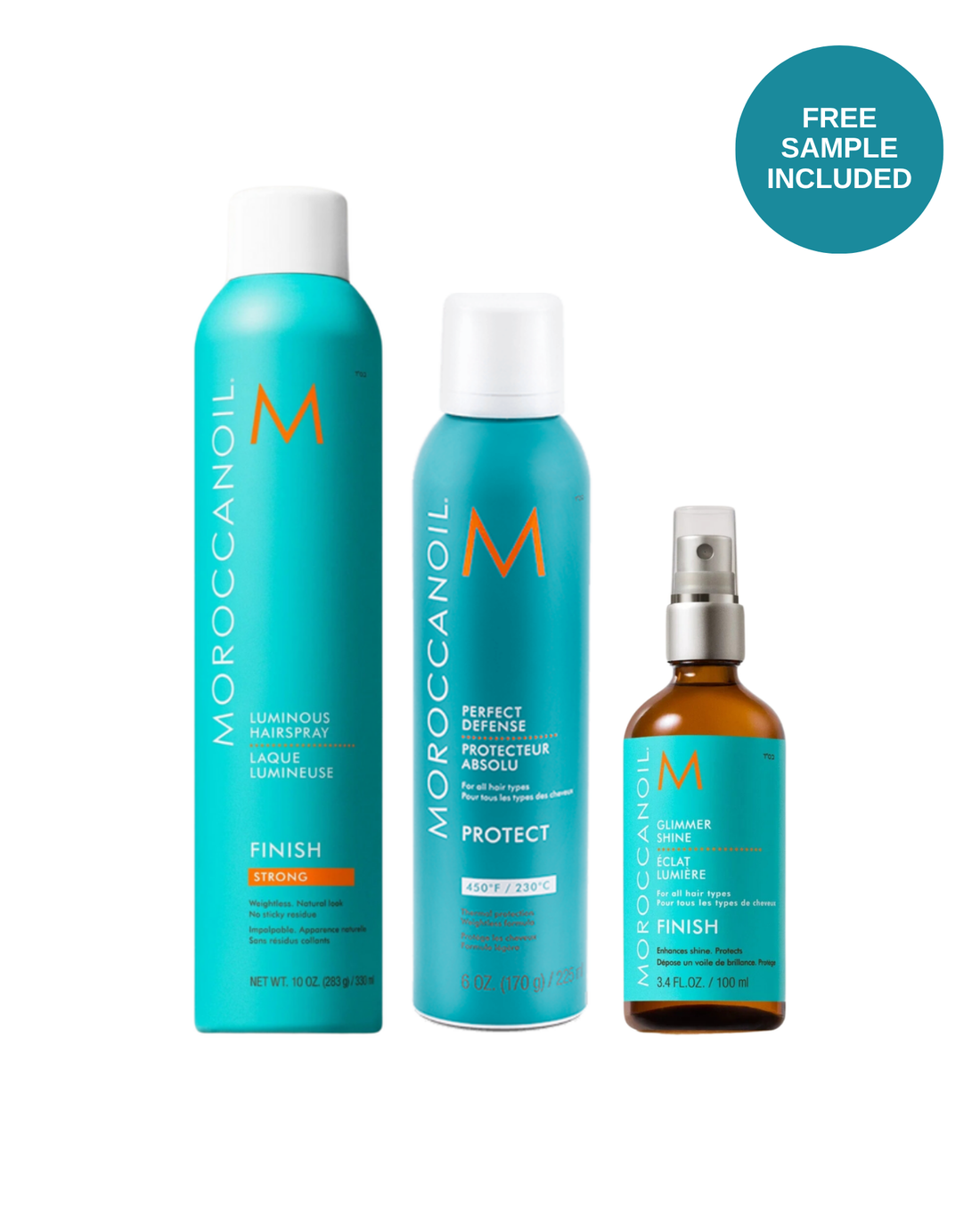 Moroccanoil Heat, Hold &amp; Shine Styling Kit: Luminous Hairspray Strong, Perfect Defence and Glimmer Shine