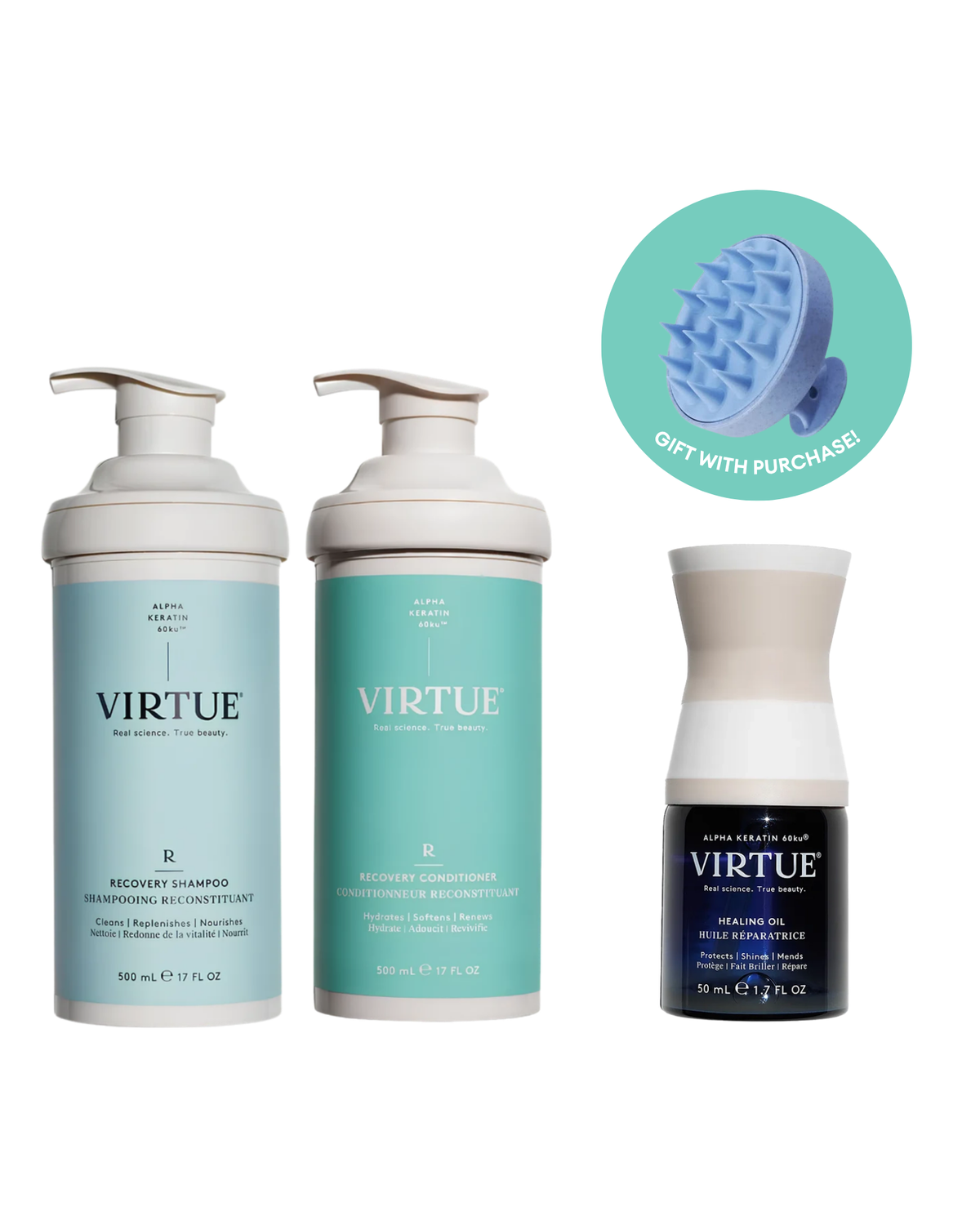 Virtue Labs Recovery Jumbo Trio bundle with free scalp massage brush