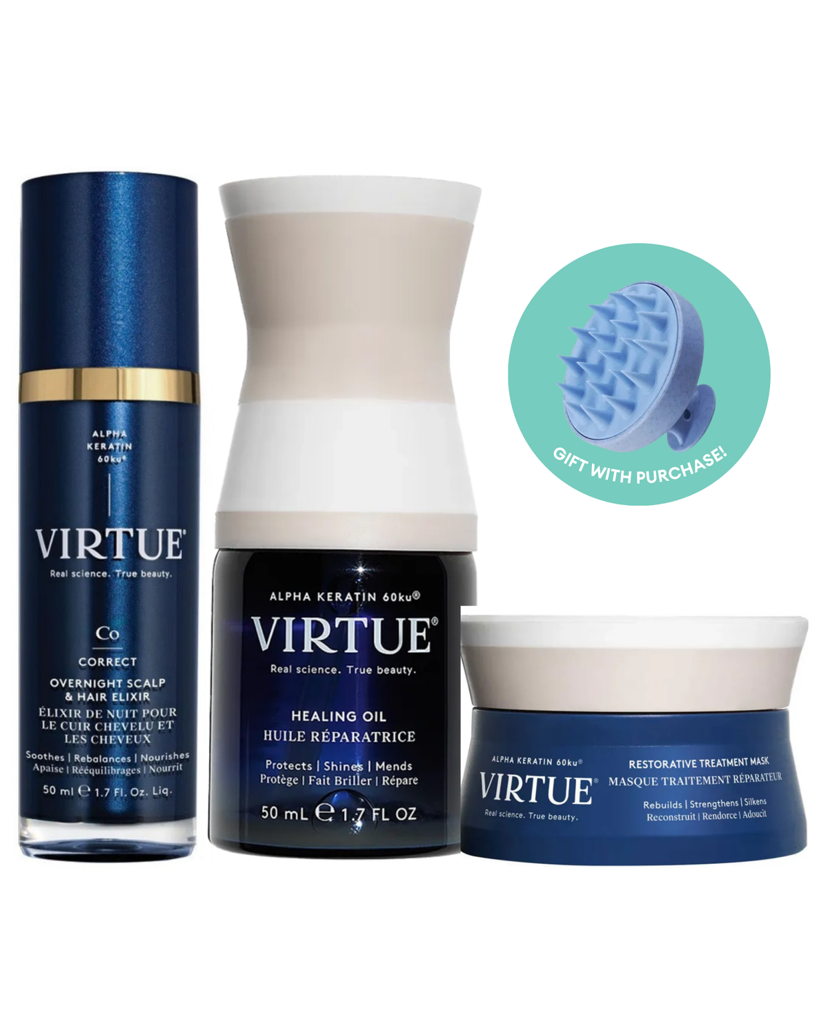Virtue Labs Overnight Repair Set bundle with free scalp massage brush