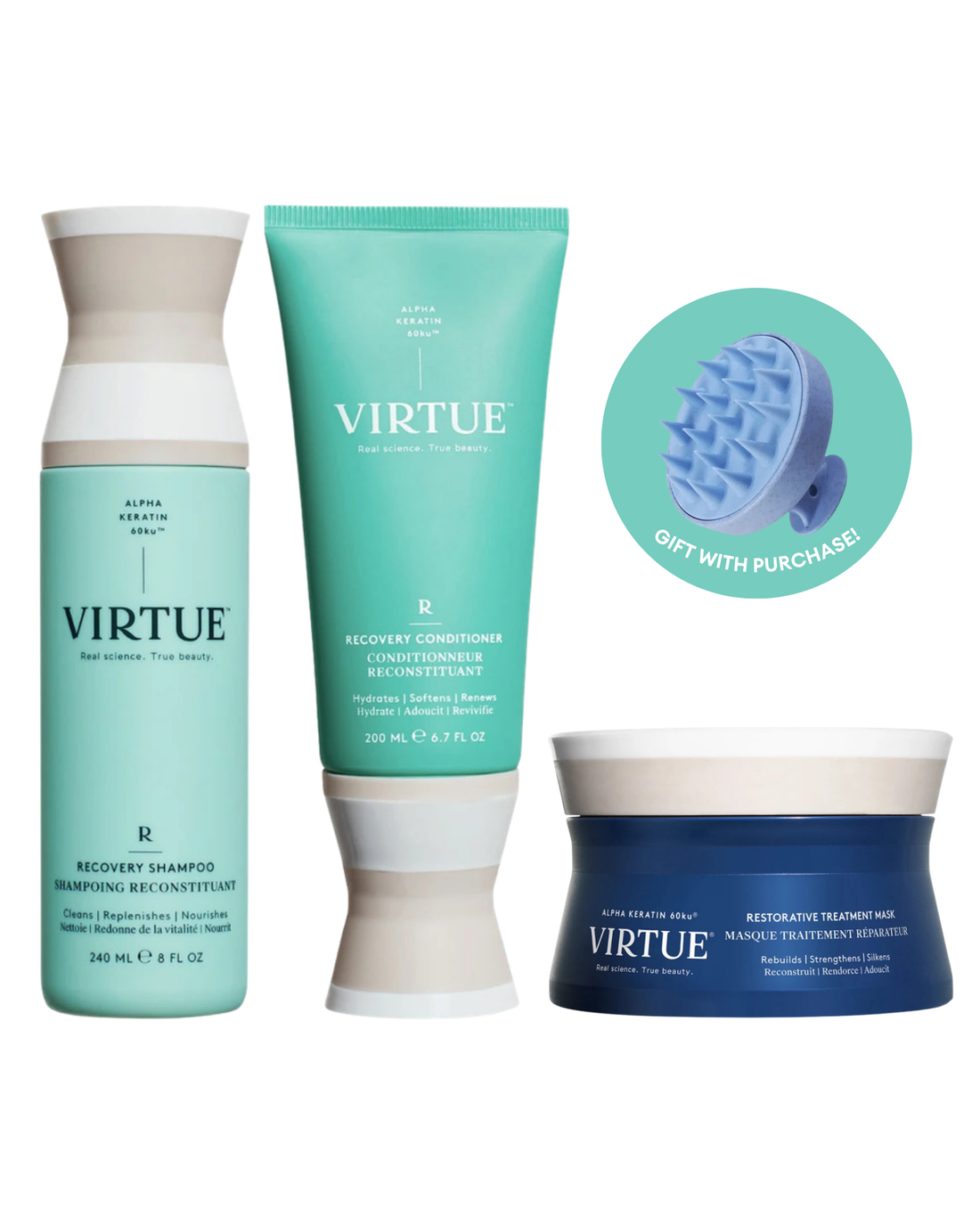 Virtue Labs Recovery Repair Ritual bundle with free scalp massage brush