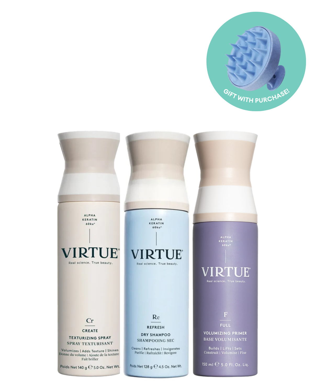 Virtue Labs Second Day Volume Kit bundle with free scalp massage brush