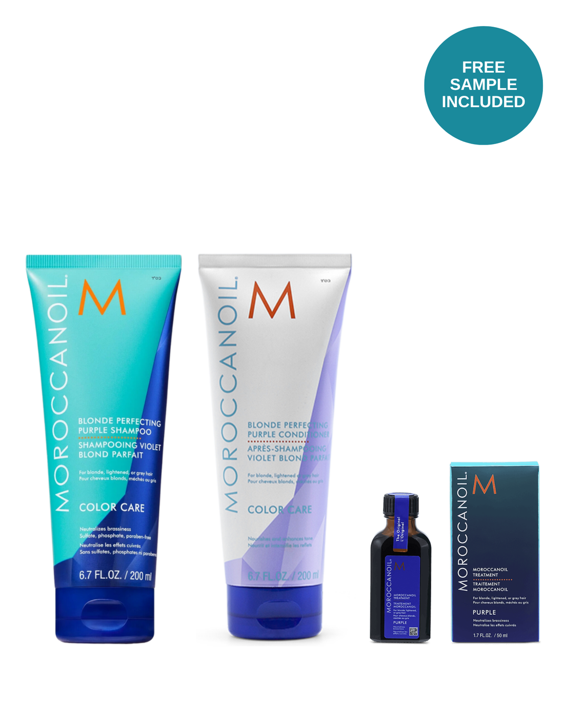 Moroccanoil Blonde Perfecting Trio: Purple Shampoo, Purple Conditioner and Purple Leave-In Treatment