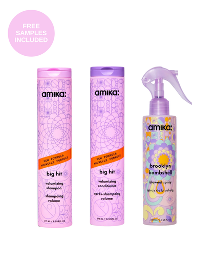 Amika Big Hit Volume Routine: Big Hit Volumizing Shampoo, Conditioner and Brooklyn Bombshell Blowout Spray