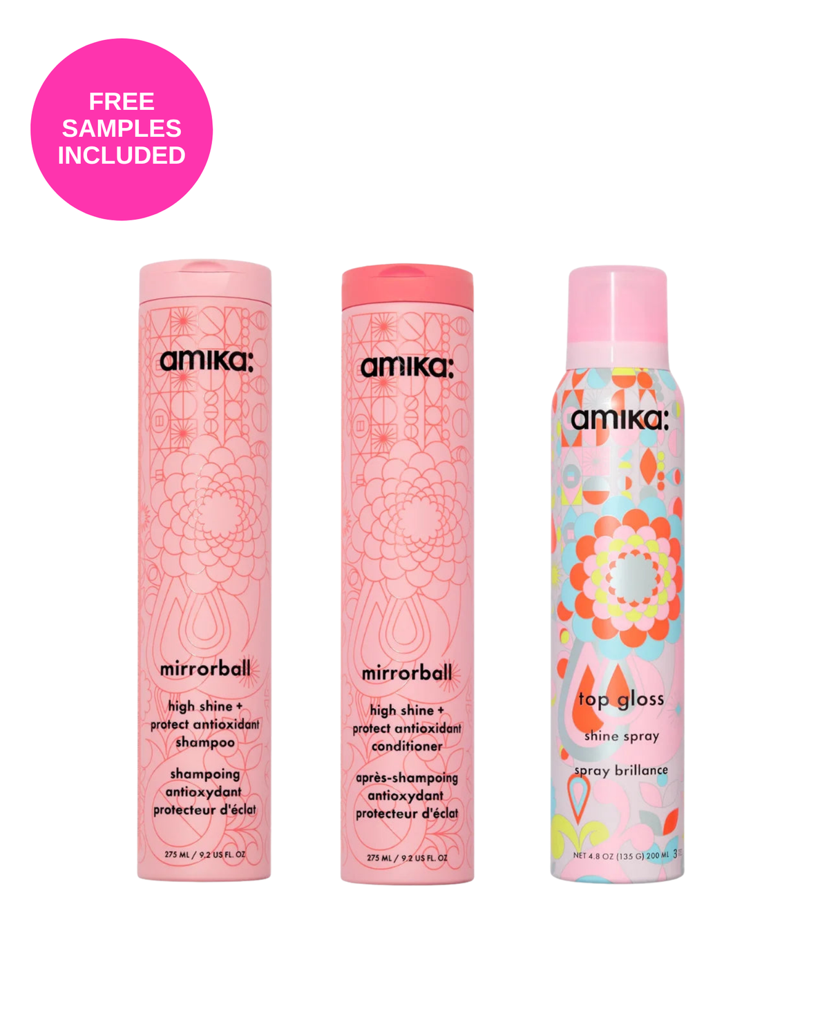 Amika Mirrorball Shine Routine: Mirrorball Shampoo, Conditioner and Top Gloss Shine Spray