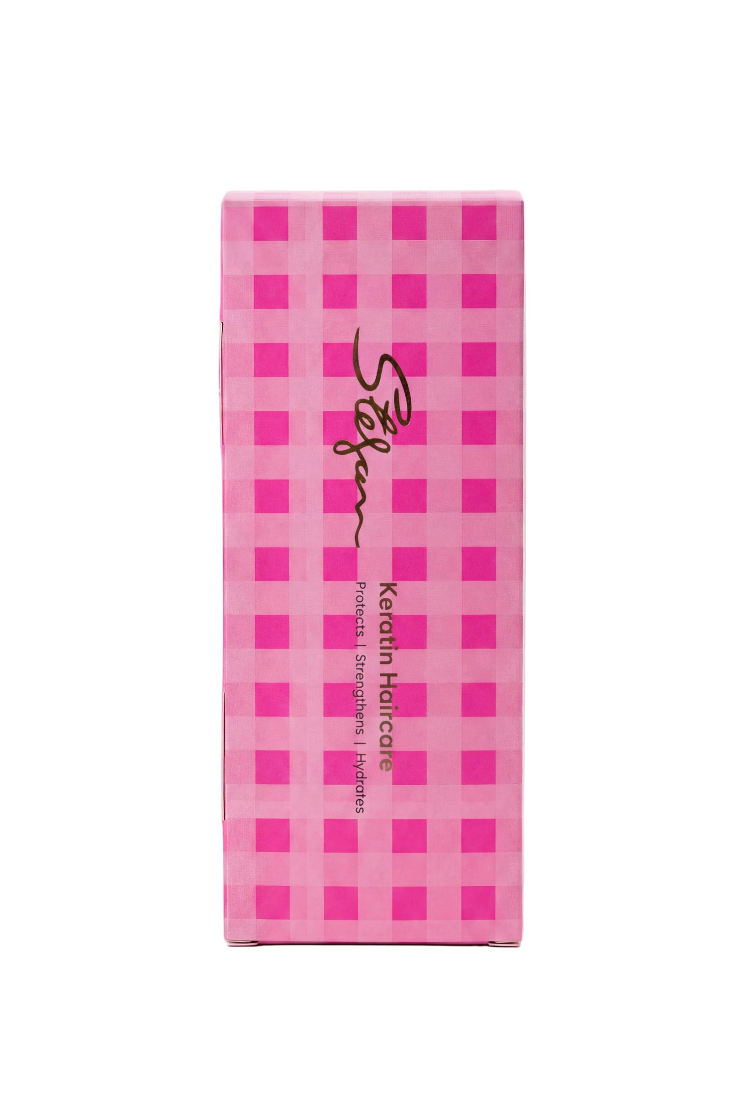 Pink checkered box with a brand logo on a white background