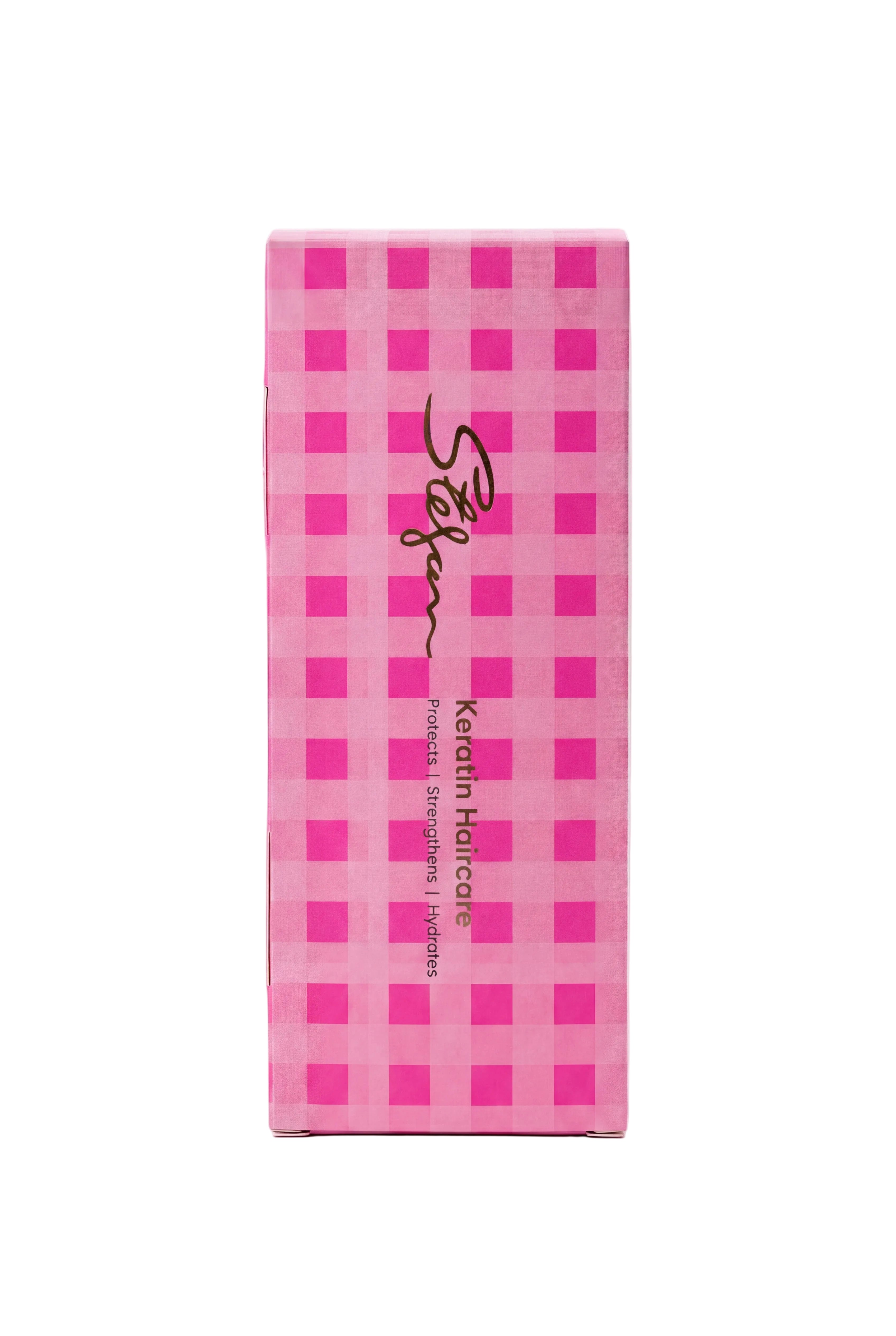 Pink checkered box with a brand logo on a white background