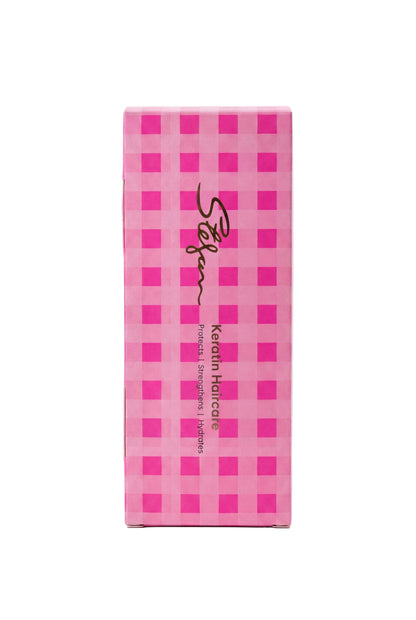 Pink checkered box with a brand logo on a white background